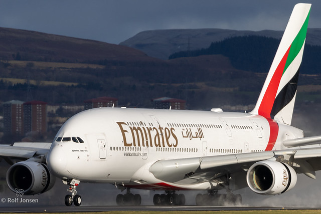 A6-EUB Airbus A380 Emirates Glasgow Airport EGPF 14.01-24