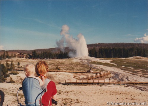 Old Faithful erupting from the boardwalks of the Upper Geyser Basin in 1995, Yellowstone National Park, Wyoming