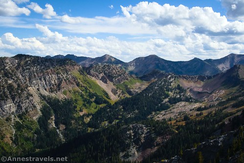 Views into the valley above Donut Falls from Kessler Peak, Big Cottonwood Canyon, Uinta-Wasatch-Cache National Forest, Utah