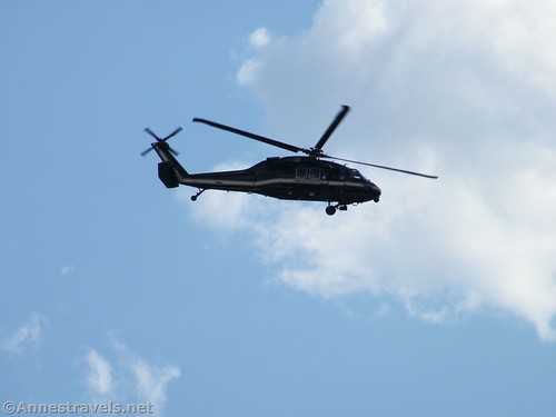 A homeland security helicopter practicing maneuvers for President Barrack Obama's (and his family's) visit to Yellowstone in 2009, Yellowstone National Park, Wyoming