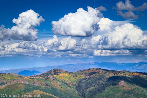 Clouds over the stands of aspens along a ridgeline from Kessler Peak, Big Cottonwood Canyon, Uinta-Wasatch-Cache National Forest, Utah