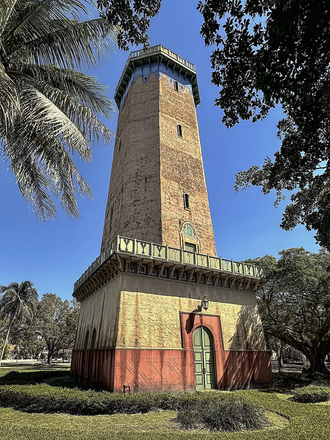 Alhambra Water Tower, 2000 Alhambra Circle, City of Coral Gables, Miami-Dade County, Florida, USA / Built: 1923-1924 / Designed by: H. George Fink & Denman Fink / Tower conceals a steel water tank / Tower was rehabilitated in: 2011-2012 / Added NRHP: 1988