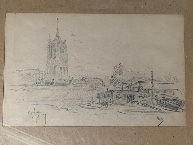 Tekening - potloodschets, zicht op Gorinchem door Ijpe Heerke ('Ype') Wenning gedateerd 25 juli 1907
