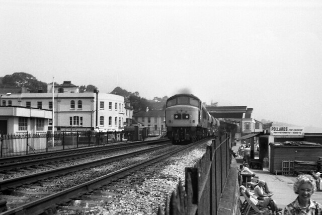 Class 45 1Co-Co1 No. 45036 roars through Dawlish with goods on 27 June 1983