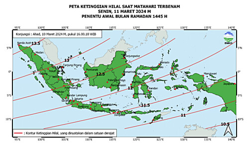 Gambar 4 - Peta ketinggian Hilal tanggal 11 Maret 2024 untuk pengamat di Indonesia