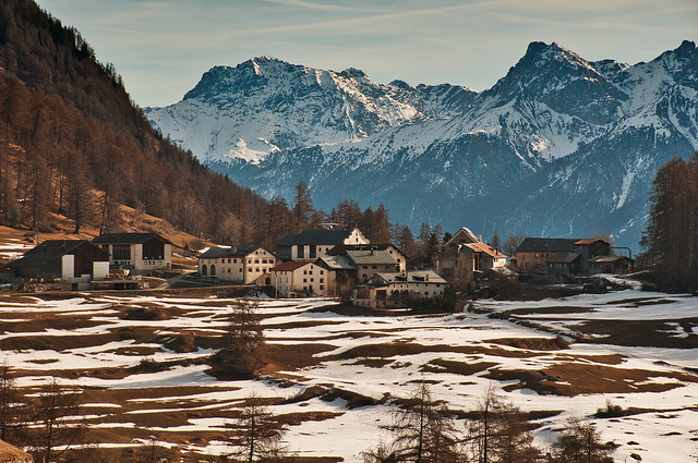 Mountain village and mountains