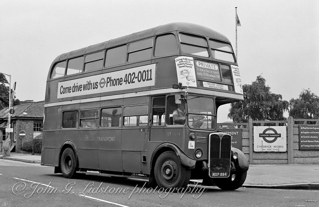 Chiswick Works with London Transport AEC Regent III / Park Royal RT4641, NXP 894 heading out after lunch when at the end of its working life as a trainer based at Loughton, sadly scrapped a year later by Wombwell Diesels