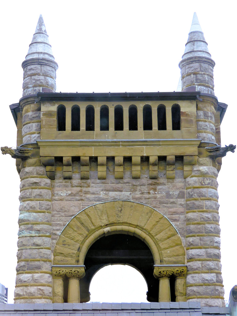 Tower of the former Erskine Presbyterian Church, 1893; National Historic Site of Canada; now Bourgie Hall