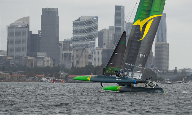 SailGP in action in Sydney Harbour on Race Day 1 of the KPMG Australia Sail Grand Prix in Sydney