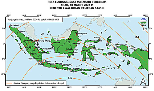 Gambar 7 - Peta elongasi tanggal 10 Maret 2024 untuk pengamat di Indonesia