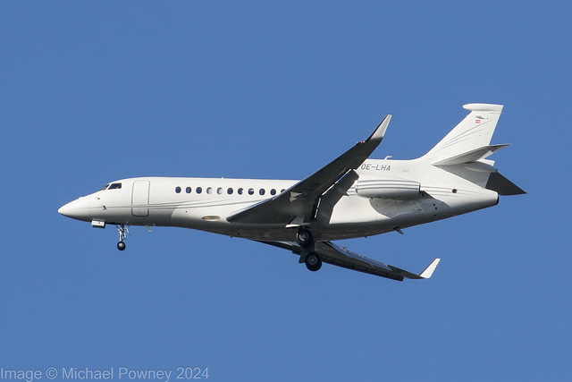 OE-LHA - 2011 build Dassault Falcon 7X, on approach to Runway 23R at Manchester
