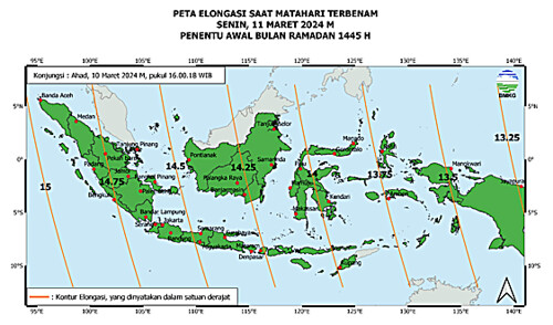 Gambar 8 - Peta elongasi tanggal 11 Maret 2024 untuk pengamat di Indonesia