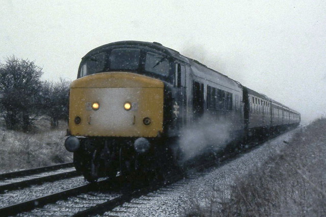 45057 passes through Bowburn during a snowstorm on 6 February 1983 with a Liverpool Lime Street - Newcastle service.