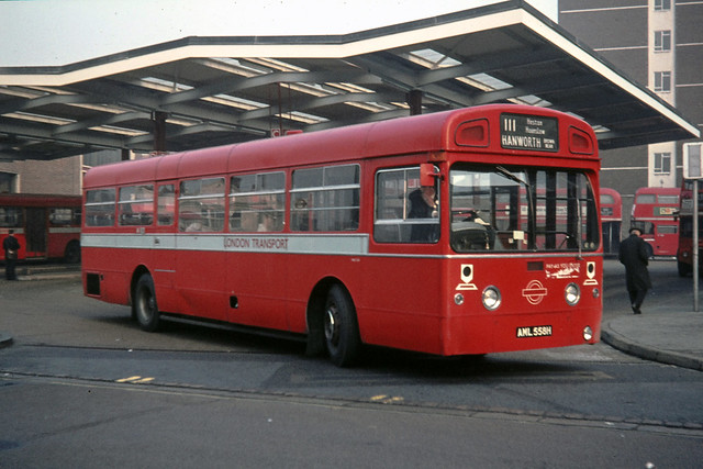 London Transport . MBS558 AML558H . Hounslow Bus Station , October-1970 .