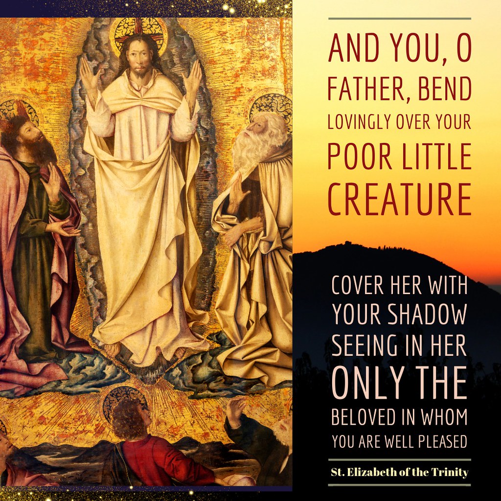 St Elizabeth of the Trinity's famous prayer begs God the Father to cover her with his shadow, finding in her only the “Beloved in whom You are well pleased." Visit our blog to see how she evokes the Transfiguration of Christ!✨ :sunrise_over_mount