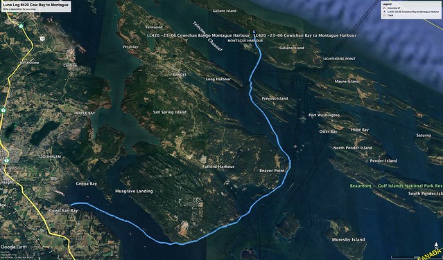 Luna Log #420 Cowichan Bay to Montague Harbour track - Google Earth