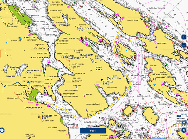 Luna Log #420 Cowichan Bay to Montague Harbour track - Navionics