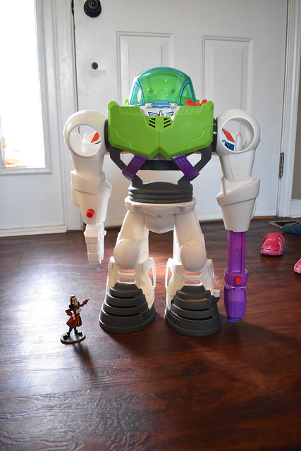 Captain Hook (who's apparently lost his hook) has encountered a giant robot