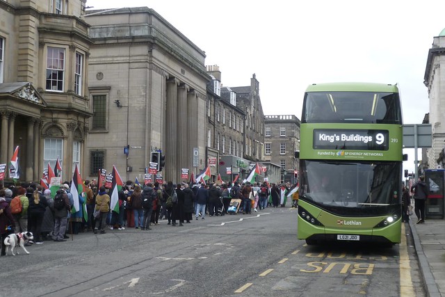 Lothian 293 at Hanover Street, Edinburgh as protest march passes.