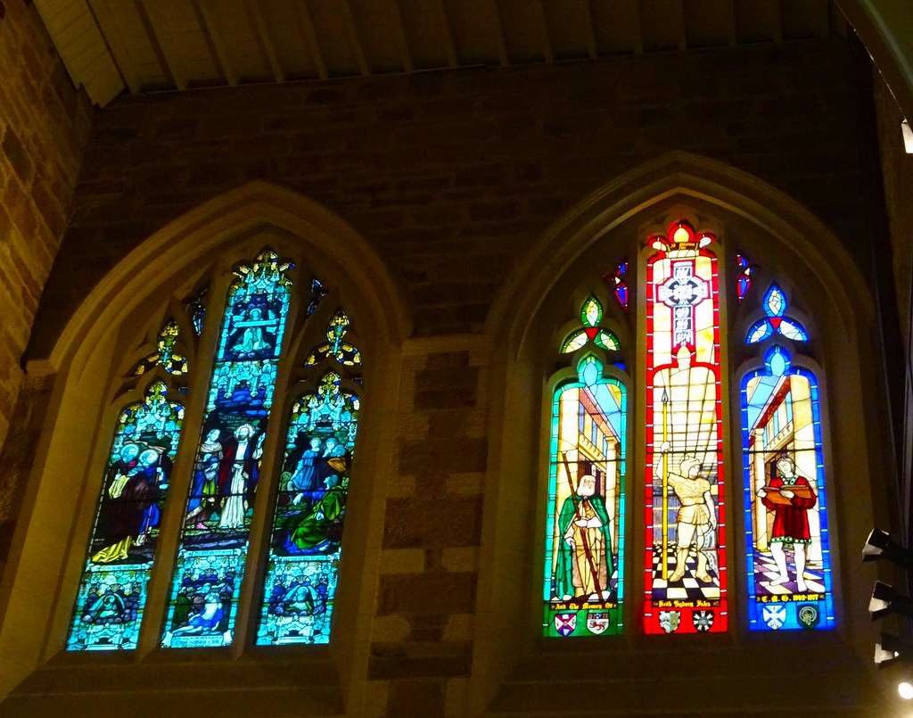 Hobart. In the nave of St Davids Anglican Cathedral 1874. Two stained glass mullion windows. One 19th century and one modern.
