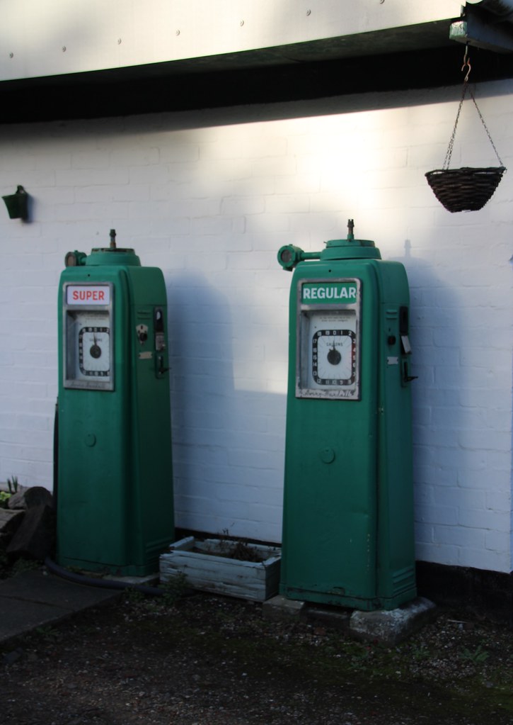Old Fashioned Petrol Pumps, Super Or Unleaded? Cawood, North Yorkshire, England.