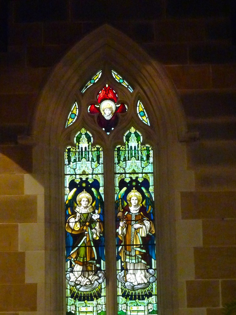 Hobart. In the nave of St Davids Anglican Cathedral  1874 an old small stained glass window.