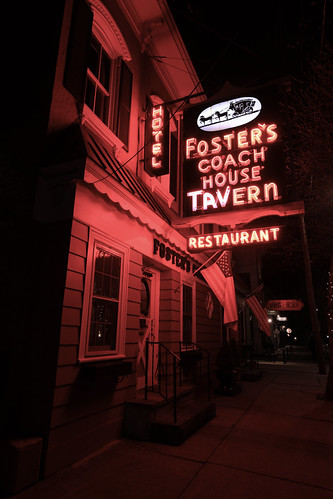 Red neon splits the night by donmai651, Foster's Coach House Tavern, originally called “The Village Tavern,” was built by Walter Decker in 1