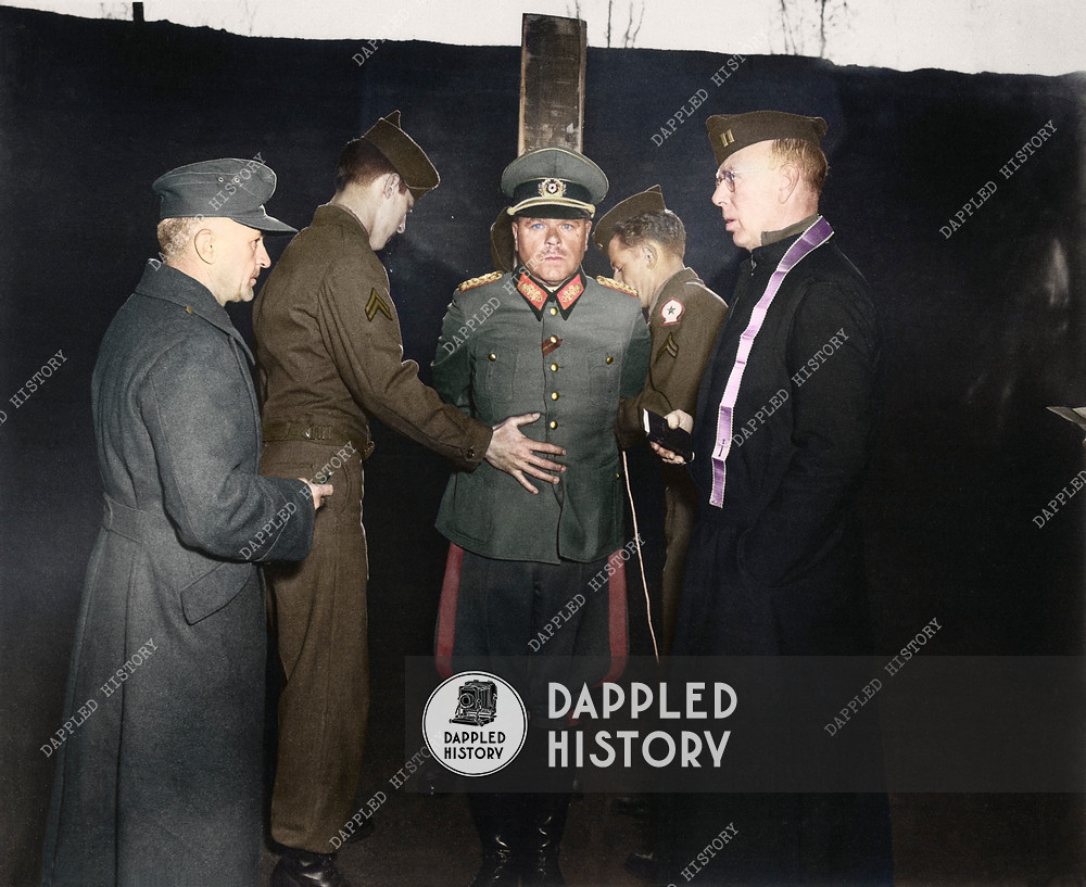 German General Anton Dostler is tied to a stake before his execution by a firing squad in the Aversa stockade. The General was convicted and sentenced to death by an American military tribunal. Aversa, Italy. 1st December 1945.