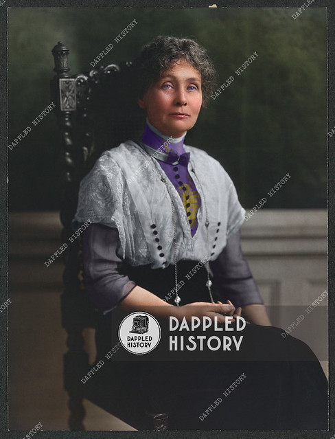 Emmeline Pankhurst. Formal portrait, Emmeline Pankhurst, three-quarter length, seated in chair, facing slightly right with head turned toward camera, wearing high-collared blouse with decorative buttons, bow tie, and necklace. Photographer: Matzene, Chica