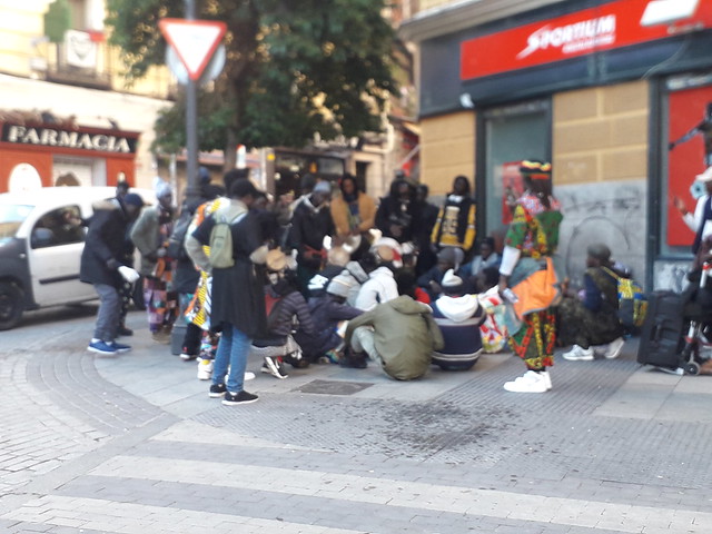 Sunday  gathering,  members  of  the African  community  playing  and  listening  to  music   in   Plaza  de Lavapies,  Lavapies, Madrid
