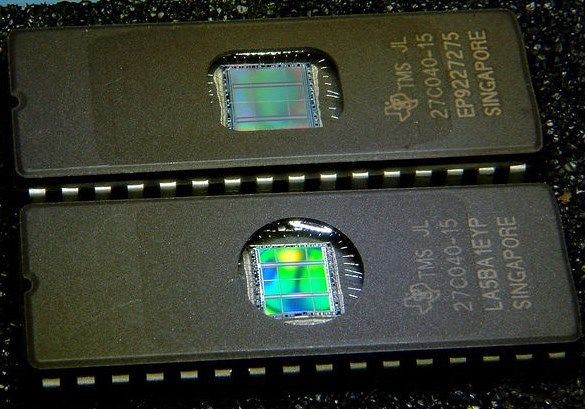 Pair of 27C040 EPROM's in close-up sexy naked detail