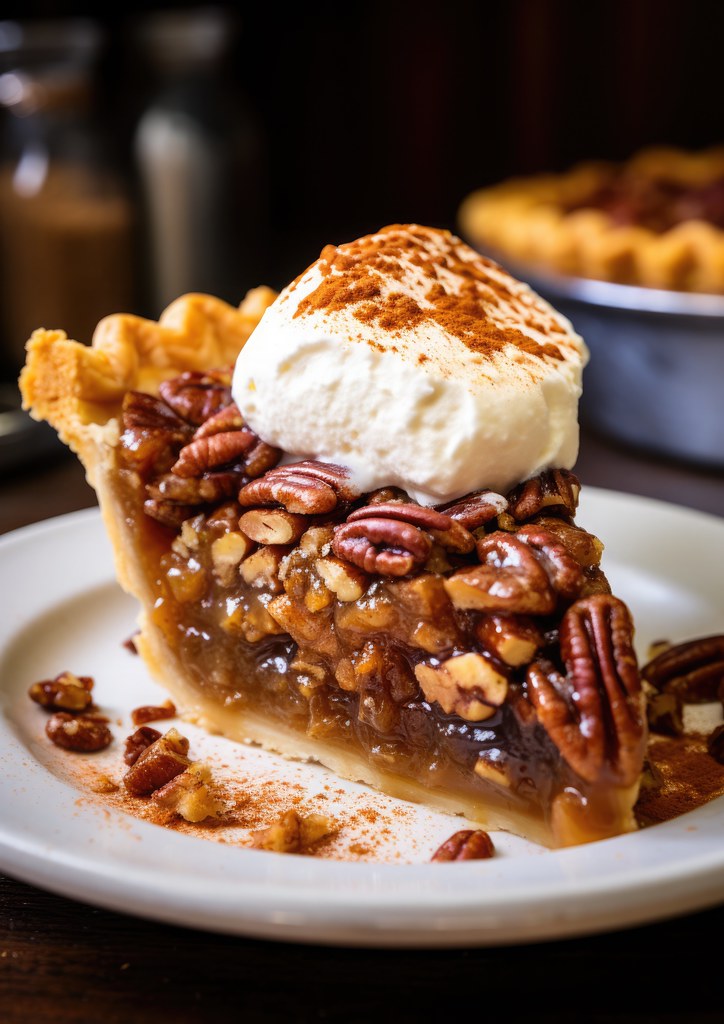 Cozy fall pecan pie with golden crust and a scoop of ice cream