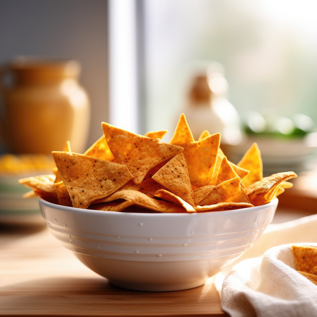 Crunchy doritos in the bowl on the kitchen table, sunny day. Generative AI.