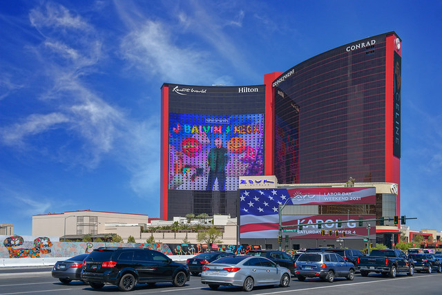 Nevada USA, September 5, 2021 Cityscape of the front facade of the new hotel of the company Hilton Resorts World located at 3000 S Las Vegas Blvd