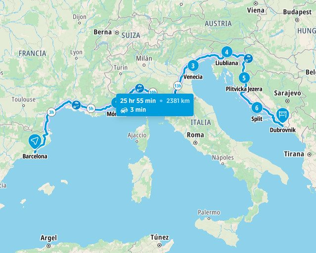 Mapa del recorrido de 3 semanas por Europa que hicimos hasta Atenas en coche