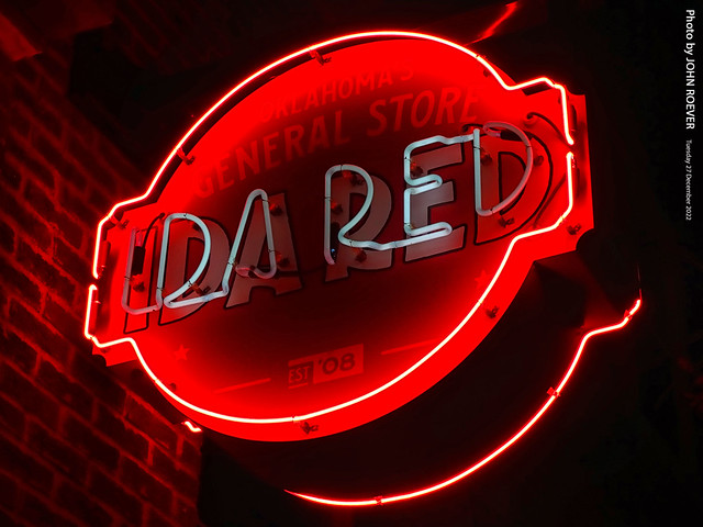 Ida Red neon sign at night, 27 Dec 2022