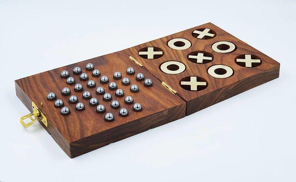 Wooden Tic Tac Toe & Solitaire Board Game | Travel Board Game