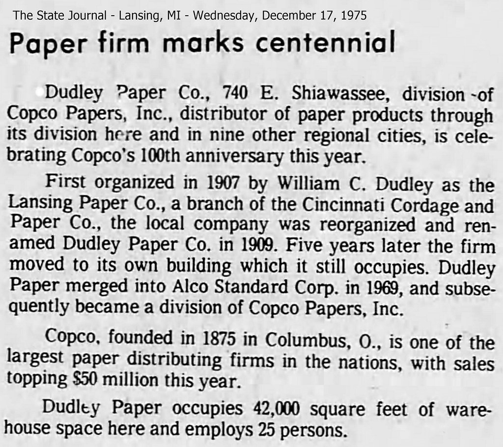Dudley Paper Co.-740 E. Shiawassee-division of Copco-centennial-1975-12-17-Lansing, MI