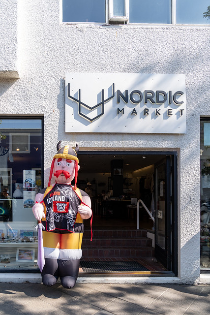 Reykjavik, Iceland - July 10, 2023: Exterior entrance to the Nordic Market, featuring an inflatable Viking mascot. This is a gift shop on the Laugavegur street