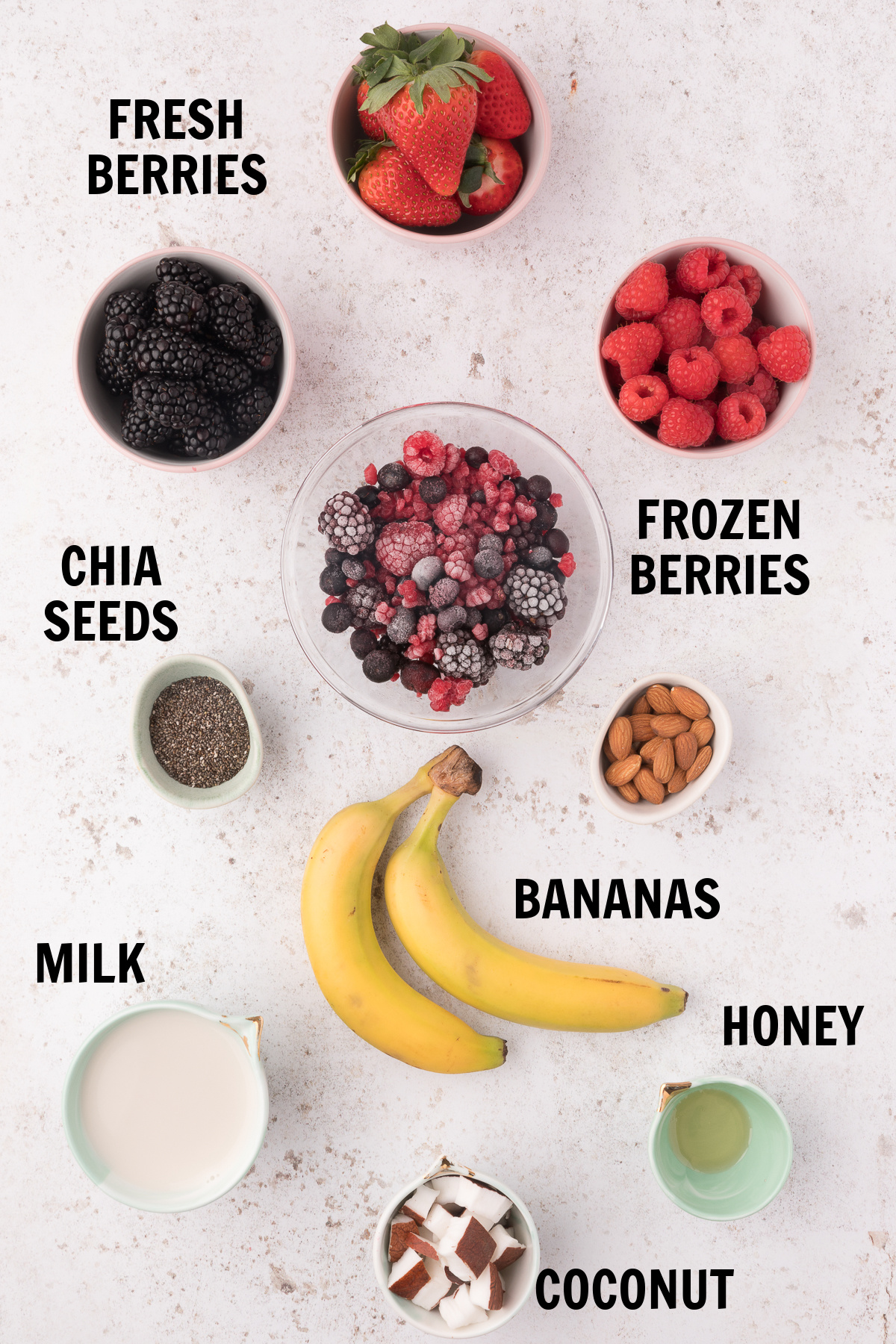 ingredients for berry banana smoothie bowl