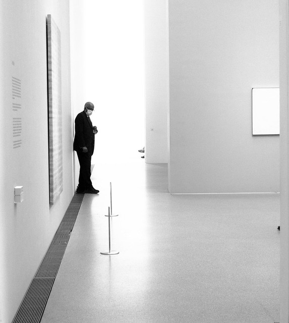 waiting for something to happen in the museum B&W