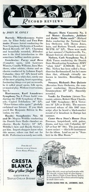 Cresta Blanca Sherry / Record Reviews 1951