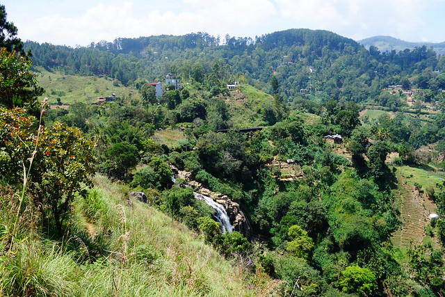 Small Rawana Waterfall and Railroad (center up) Bridge - Walking Stage 15 of the long distance Pekoe Trail from Makulella  to Ella, Sri Lanka