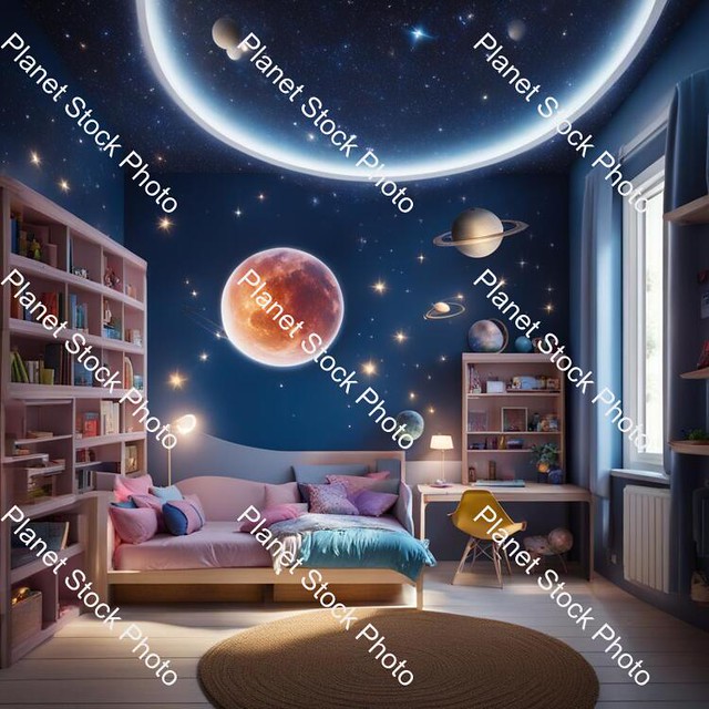 A Kids Room Fro Girl in Around 10-12 Years Who Likes Astronomy and Reading  - Stock photo with image ID: c4273740-44e3-4296-9270-bb14a3326eb0
