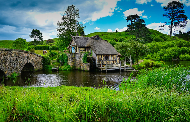 Hobbiton Watermill and stone arched bridge on Hobbiton Movie Set - Matamata New Zealand