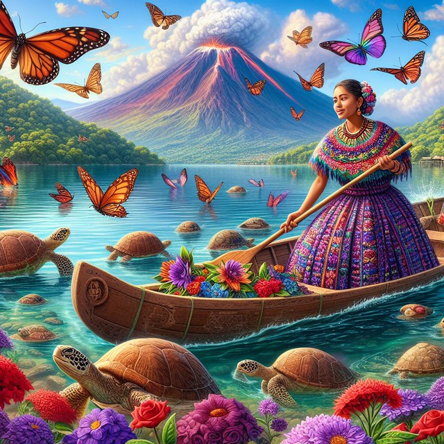 Fantasy, AI generated woman paddles a dugout on Lake Atitlan