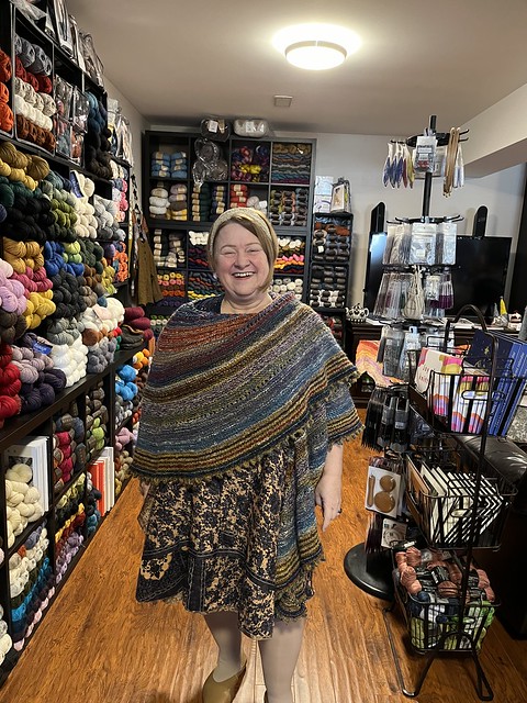 Paulette knit this beautiful and huge Hellik by Stephen West all out of her hand spun!