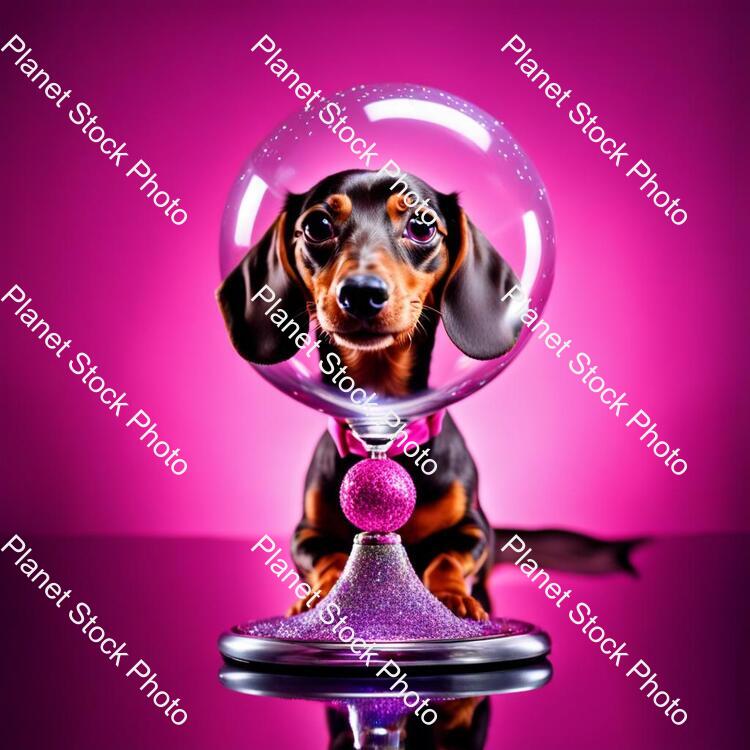 Miniature Dachshund Silver Dapple with Pink Collar Sat in a Martini Glass on a Stage with Glitter Ball Overhead   - Stock photo with image ID: 0d71770a-dba8-4588-a11d-e7d7617178b8