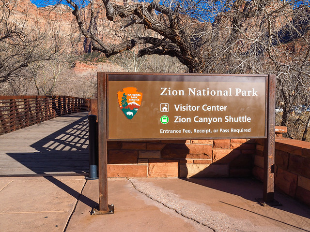 Zion National Park Visitor Center Shuttle Sign Desert Landscape