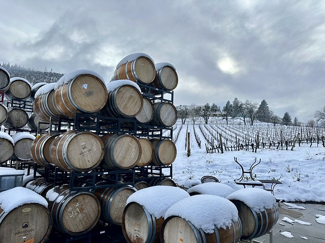 Snow on barrels, Weisinger Family Winery in Ashland, Oregon